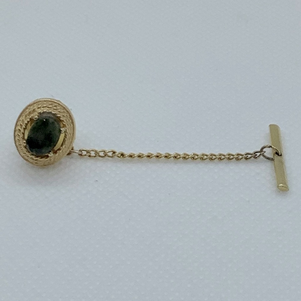 Gold Tone / Tested Nephrite Jade Oval Tie Tac with Chain